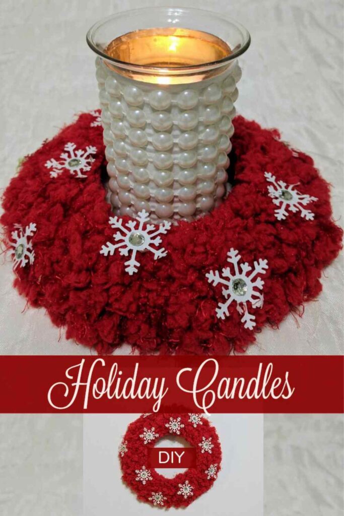 diy mini wreath red yarn white paper snowflakes candle