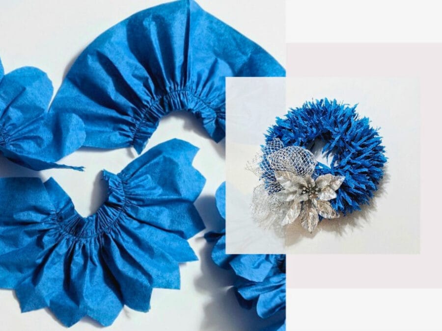 blue paper napkin strips ruffled and cut with varied edges used to make the wreath