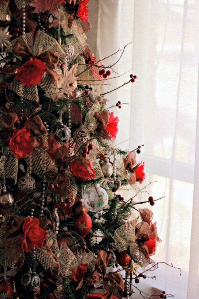 red Christmas decorations on Christmas tree