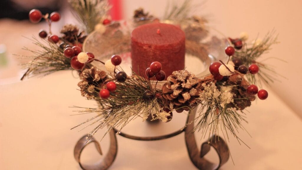 Faux red berries adorn centrepiece